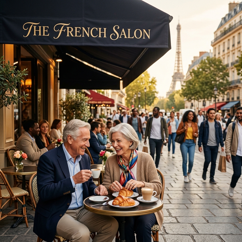Older couple enjoying a French cafe in Paris
